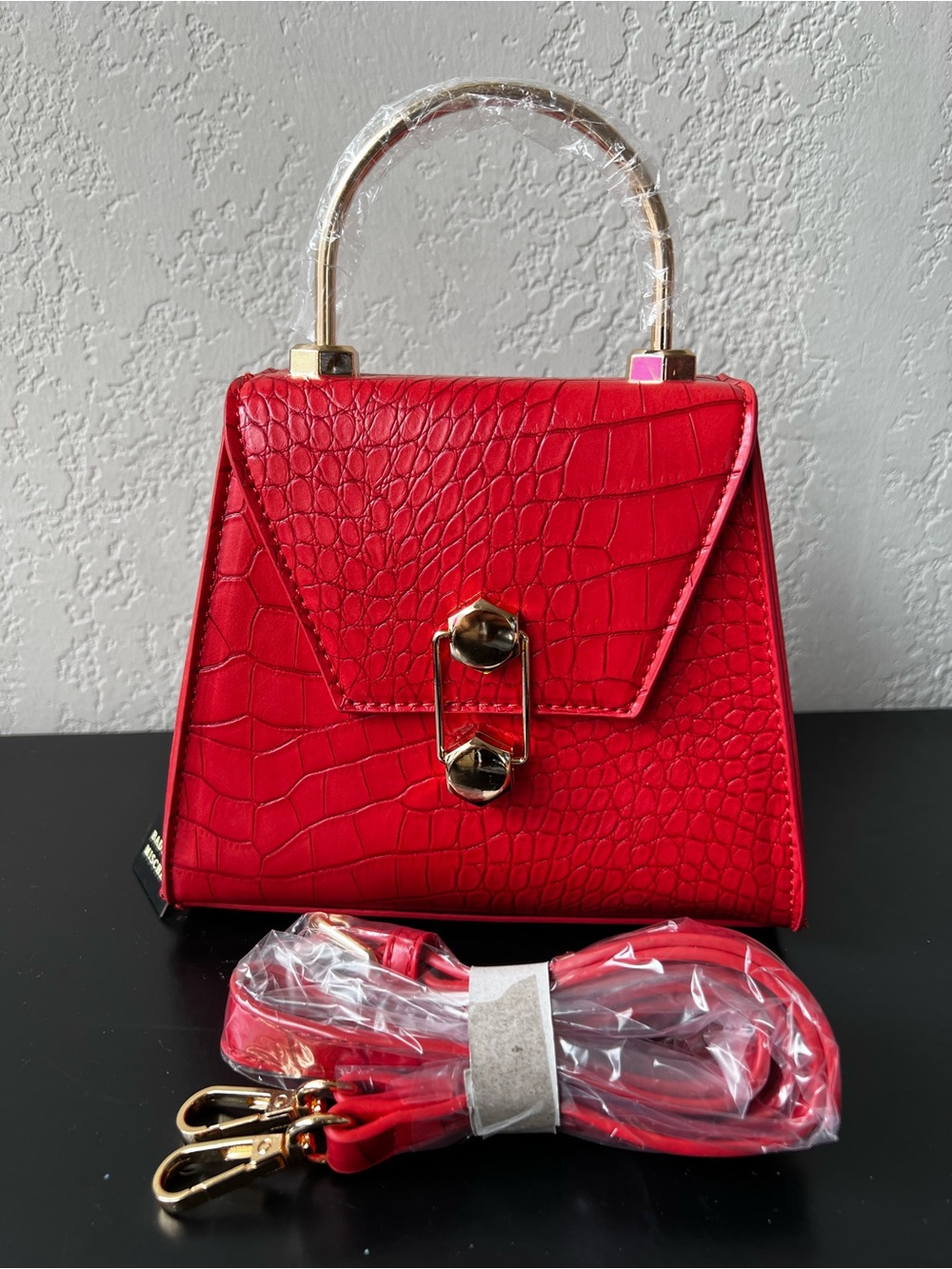 Badgley Mischka Red Croc-Embossed Mini Top-Handle Satchel Crossbody Bag – NWT